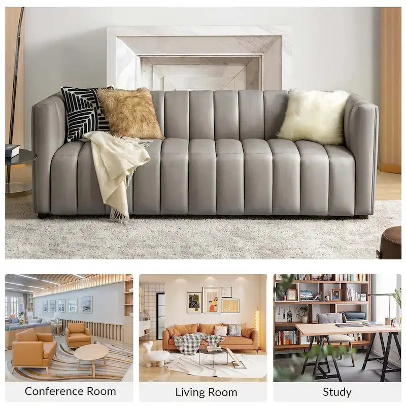 Canapé Olinto Modern Camel 83 pouces en cuir véritable incurvé avec dossier capitonné par HULALA HOME