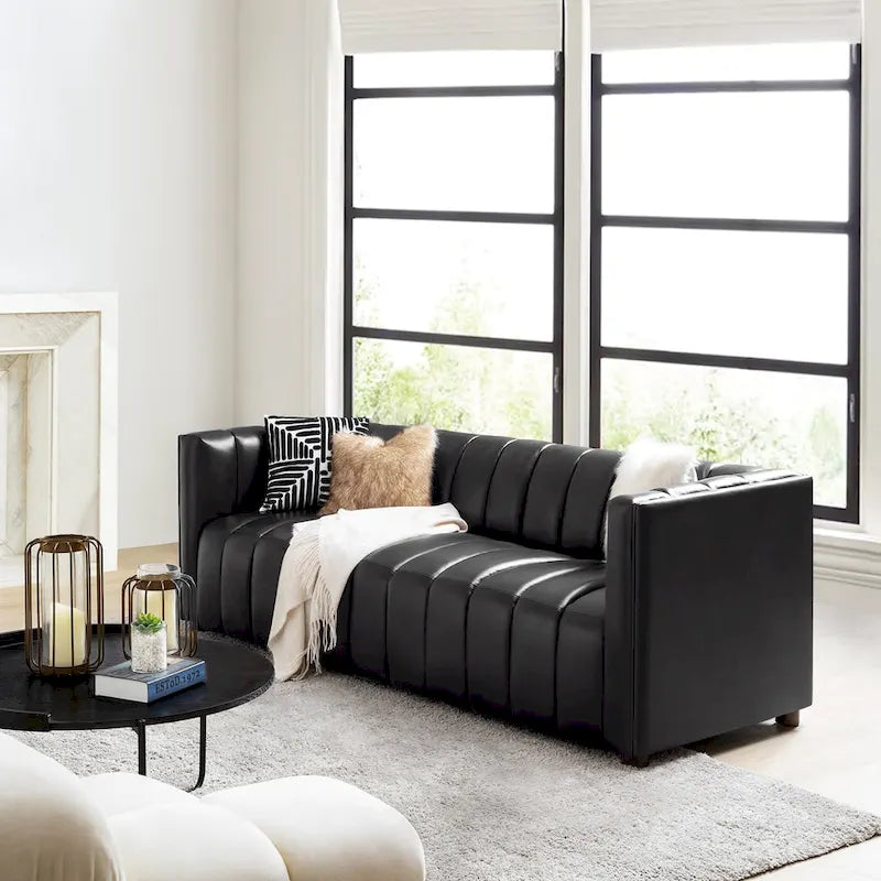 Canapé Olinto Modern Camel 83 pouces en cuir véritable incurvé avec dossier capitonné par HULALA HOME