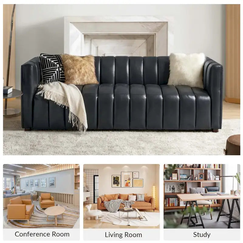 Canapé Olinto Modern Camel 83 pouces en cuir véritable incurvé avec dossier capitonné par HULALA HOME