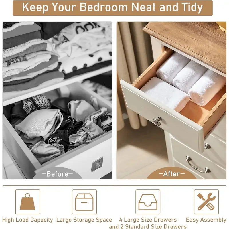 Commode vintage en bois à 6 tiroirs, commode rustique, ensemble de rangement