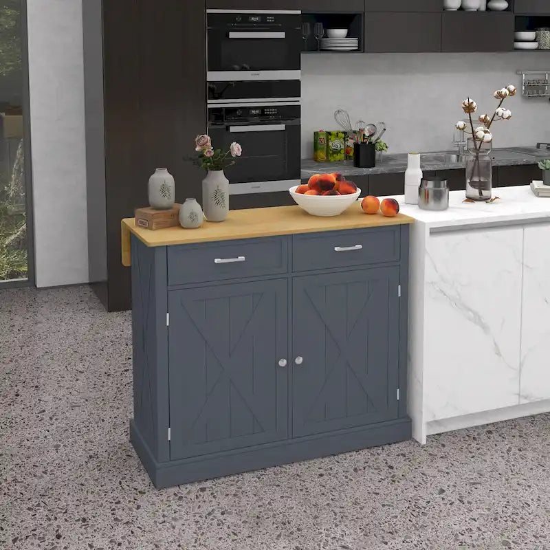 Îlot de cuisine roulant HOMCOM avec abattant et comptoir-bar en bois, desserte de cuisine de style campagnard avec 2 tiroirs, gris foncé