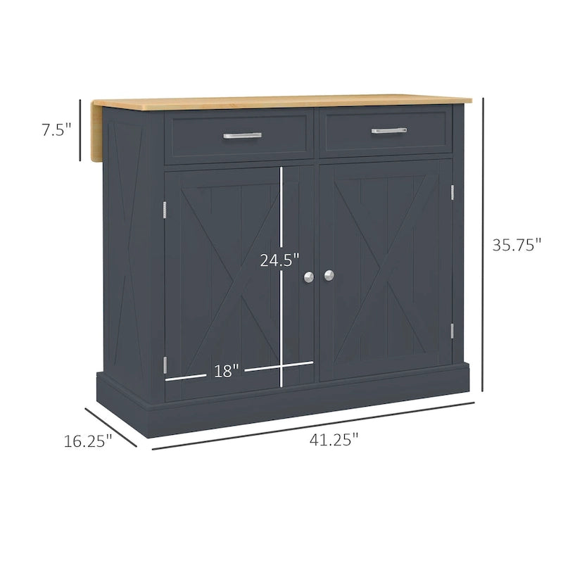 Îlot de cuisine roulant HOMCOM avec abattant et comptoir-bar en bois, desserte de cuisine de style campagnard avec 2 tiroirs, gris foncé