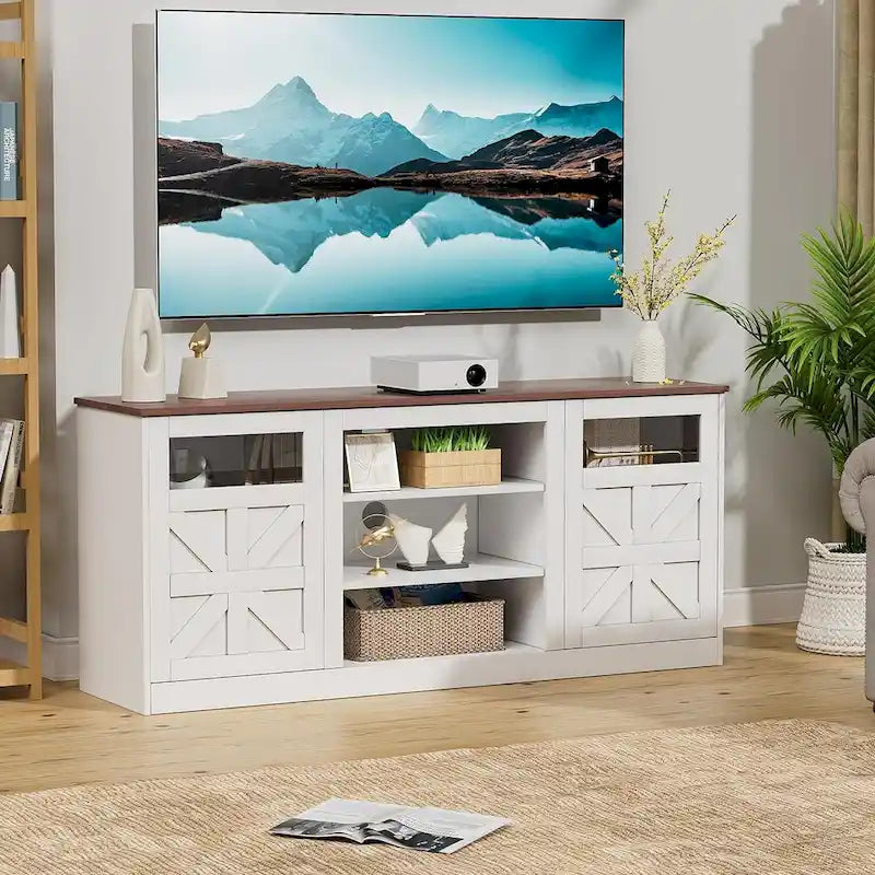 Meuble TV avec double porte coulissante de style grange et placards de rangement