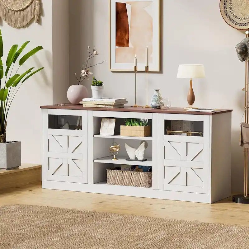 Meuble TV avec double porte coulissante de style grange et placards de rangement