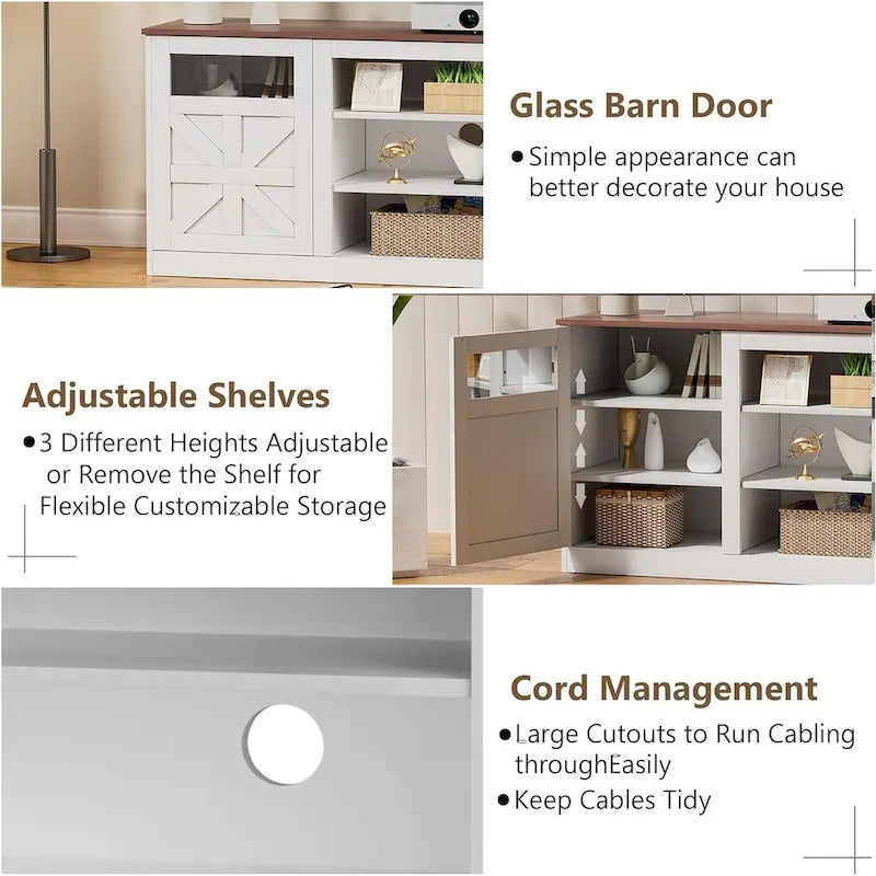 Meuble TV avec double porte coulissante de style grange et placards de rangement