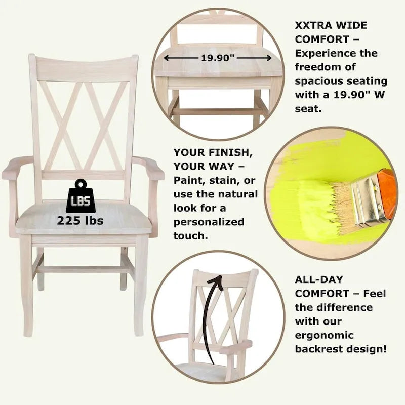 Chaise de salle à manger en bois massif à double dossier en X avec accoudoirs