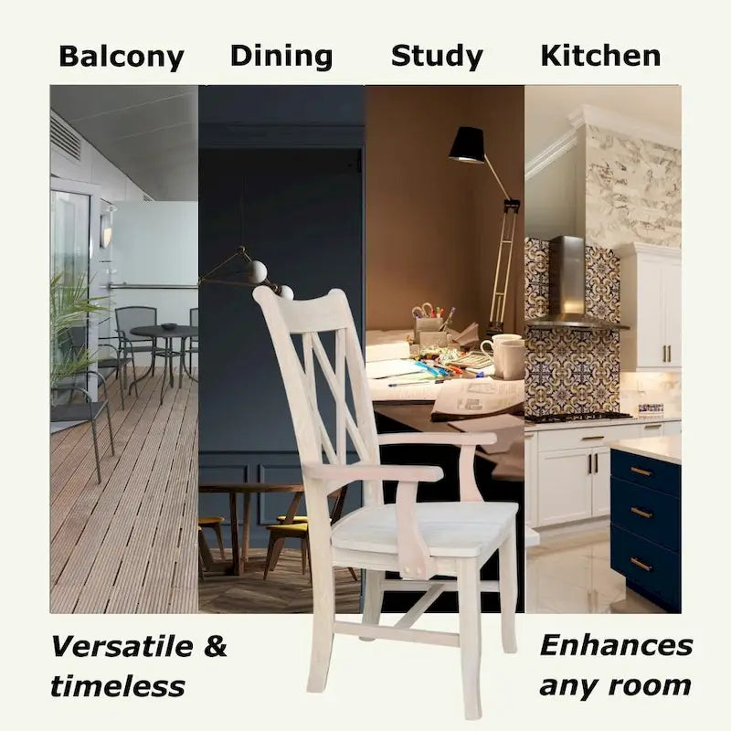 Chaise de salle à manger en bois massif à double dossier en X avec accoudoirs