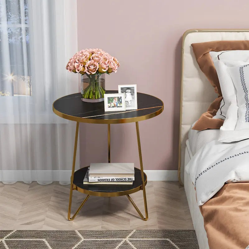 Table d'appoint en marbre doré avec étagères