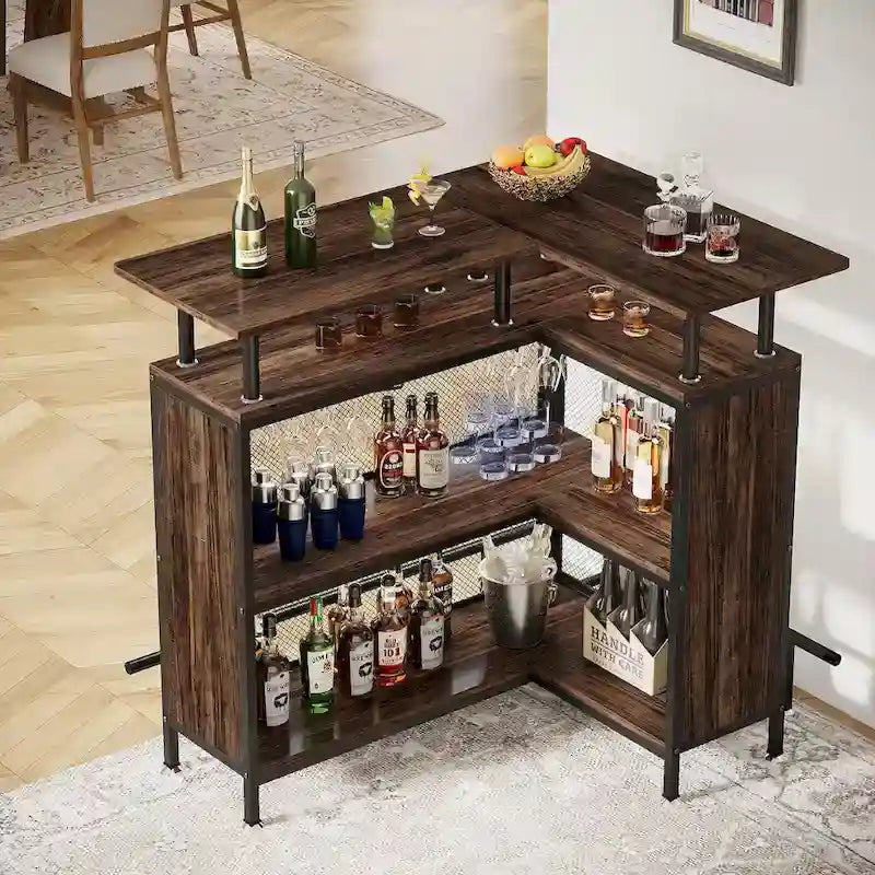 Meuble bar d'angle en forme de L, table de bar avec rangement à 2 niveaux - Non disponible