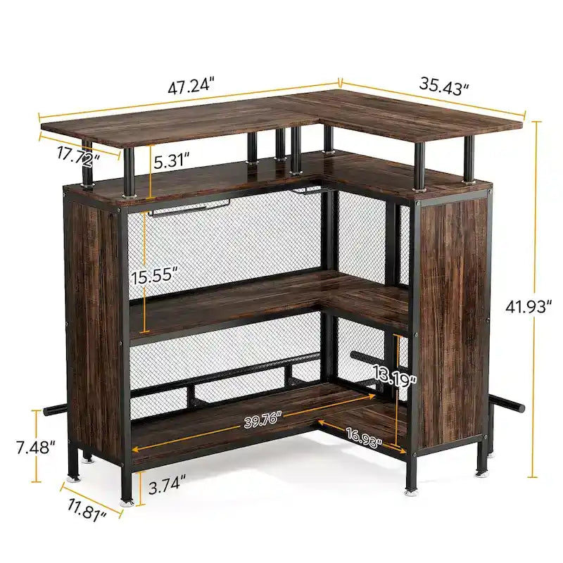Meuble bar d'angle en forme de L, table de bar avec rangement à 2 niveaux - Non disponible