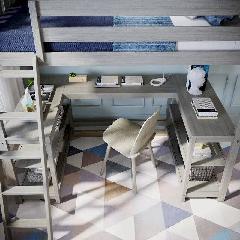 Lit mezzanine double Max et Lily avec bureau et étagères intégrés