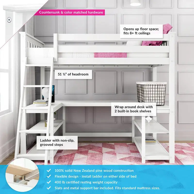 Lit mezzanine double Max et Lily avec bureau et étagères intégrés