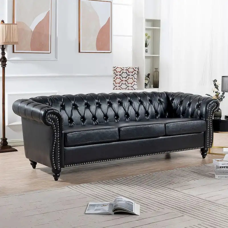 Canapé Chesterfield capitonné en similicuir avec accoudoirs roulés (84,65)
