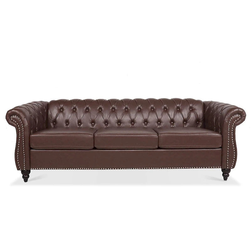 Canapé Chesterfield capitonné en similicuir avec accoudoirs roulés (84,65)