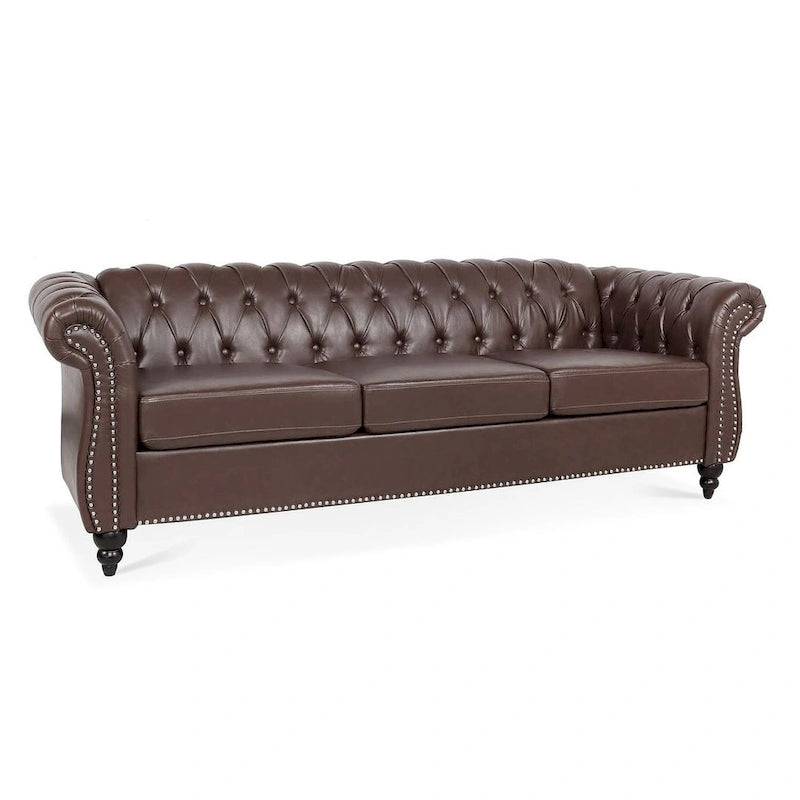 Canapé Chesterfield capitonné en similicuir avec accoudoirs roulés (84,65)