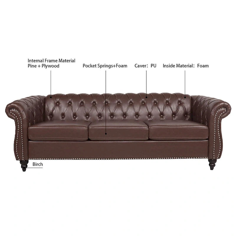 Canapé Chesterfield capitonné en similicuir avec accoudoirs roulés (84,65)