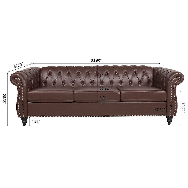 Canapé Chesterfield capitonné en similicuir avec accoudoirs roulés (84,65)