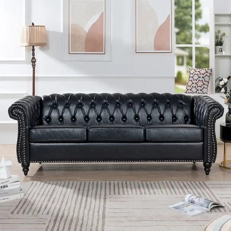 Canapé Chesterfield capitonné en similicuir avec accoudoirs roulés (84,65)