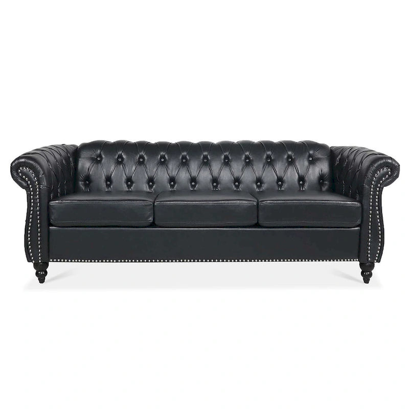 Canapé Chesterfield capitonné en similicuir avec accoudoirs roulés (84,65)