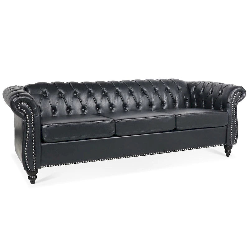 Canapé Chesterfield capitonné en similicuir avec accoudoirs roulés (84,65)