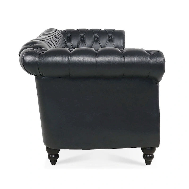 Canapé Chesterfield capitonné en similicuir avec accoudoirs roulés (84,65)