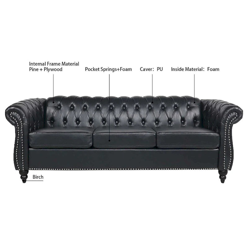 Canapé Chesterfield capitonné en similicuir avec accoudoirs roulés (84,65)