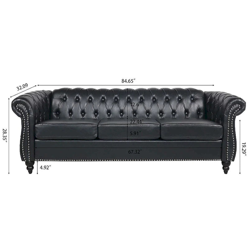 Canapé Chesterfield capitonné en similicuir avec accoudoirs roulés (84,65)