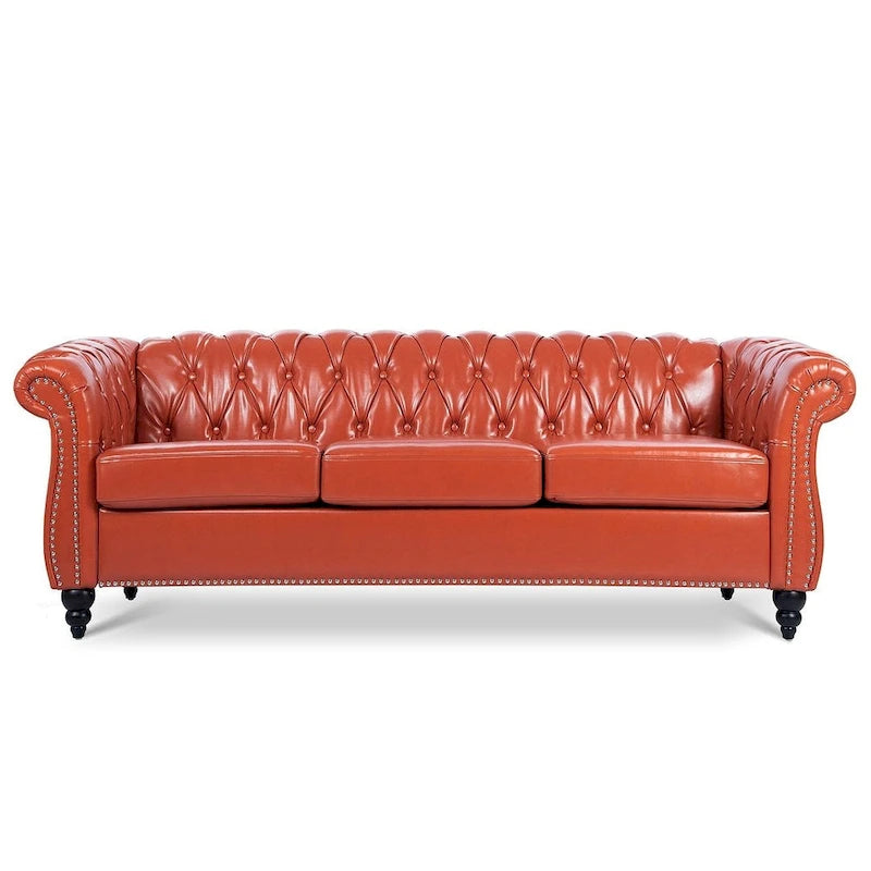 Canapé Chesterfield capitonné en similicuir avec accoudoirs roulés (84,65)