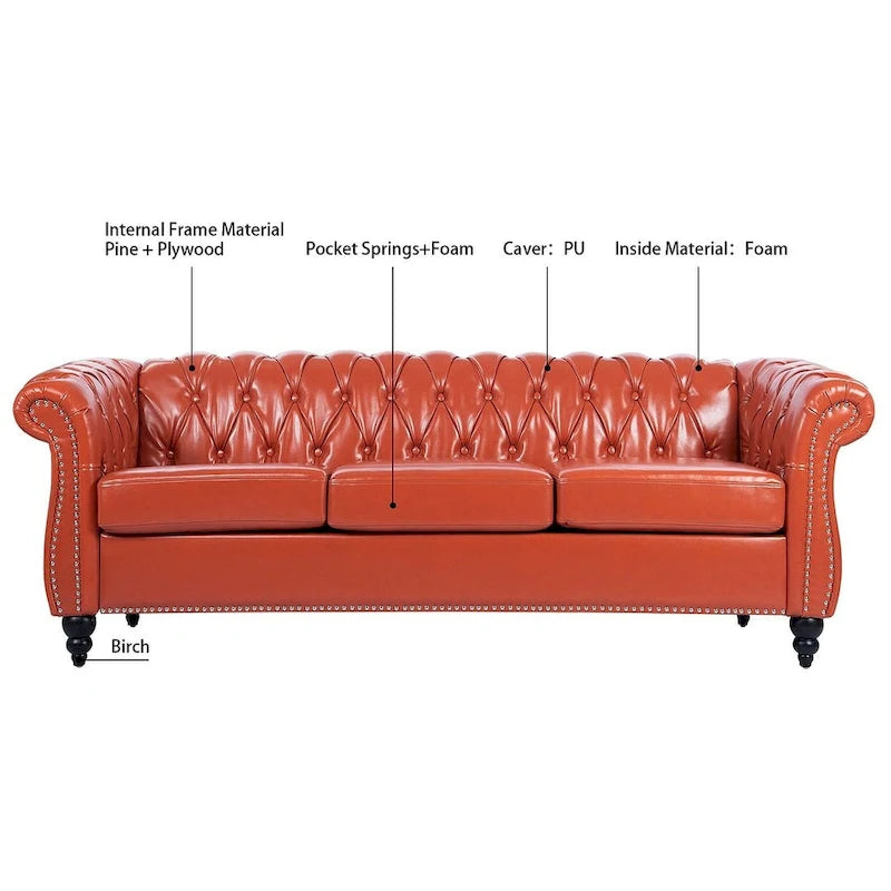 Canapé Chesterfield capitonné en similicuir avec accoudoirs roulés (84,65)