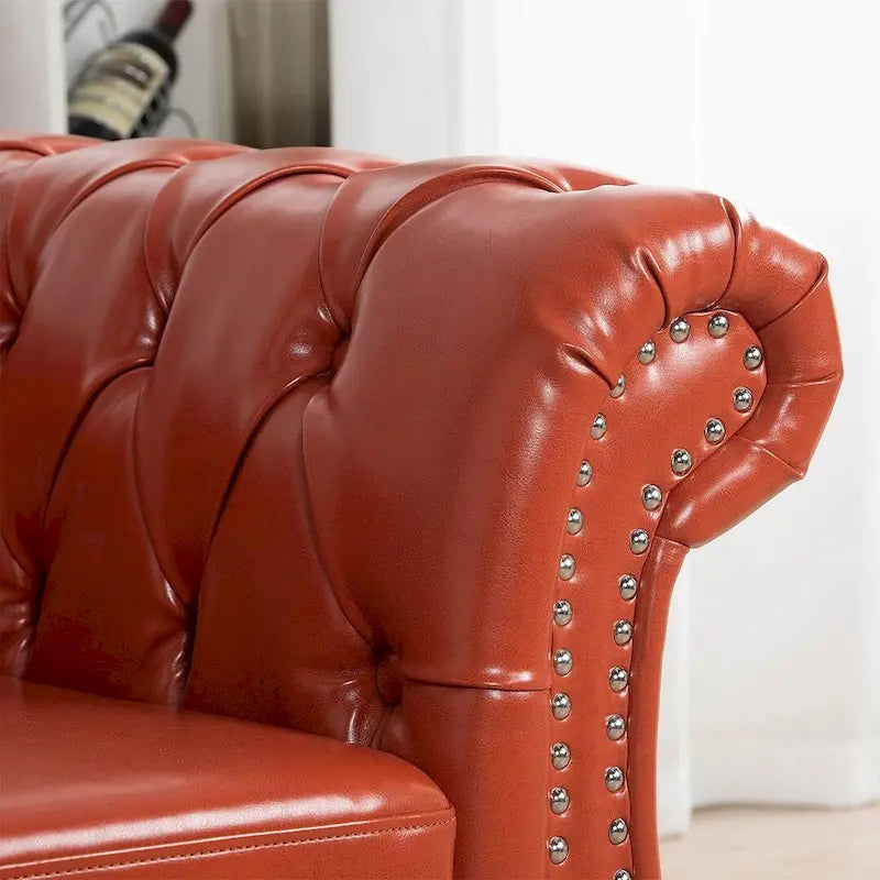 Canapé Chesterfield capitonné en similicuir avec accoudoirs roulés (84,65)