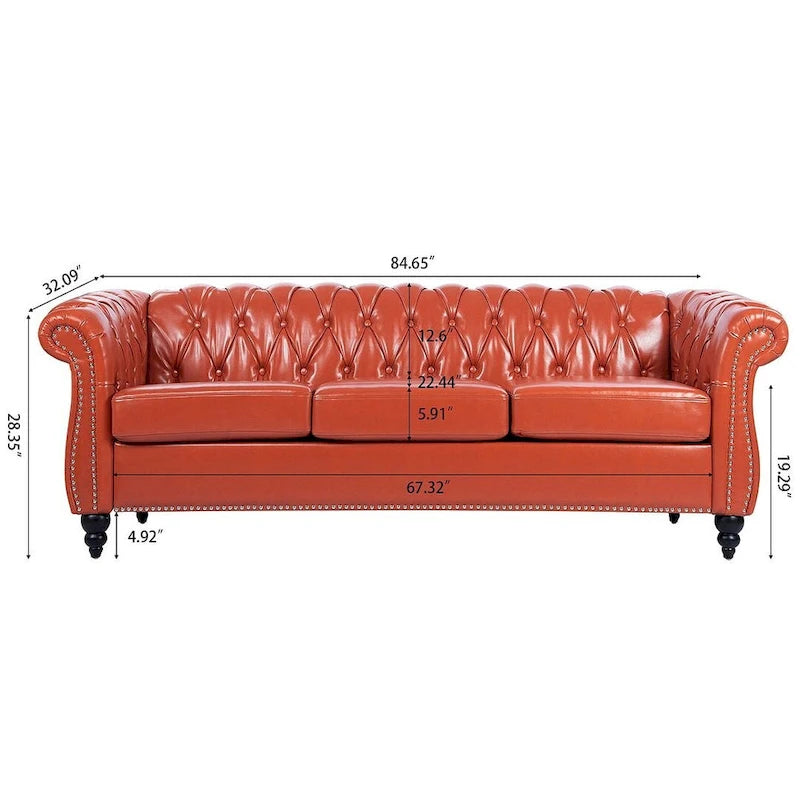 Canapé Chesterfield capitonné en similicuir avec accoudoirs roulés (84,65)