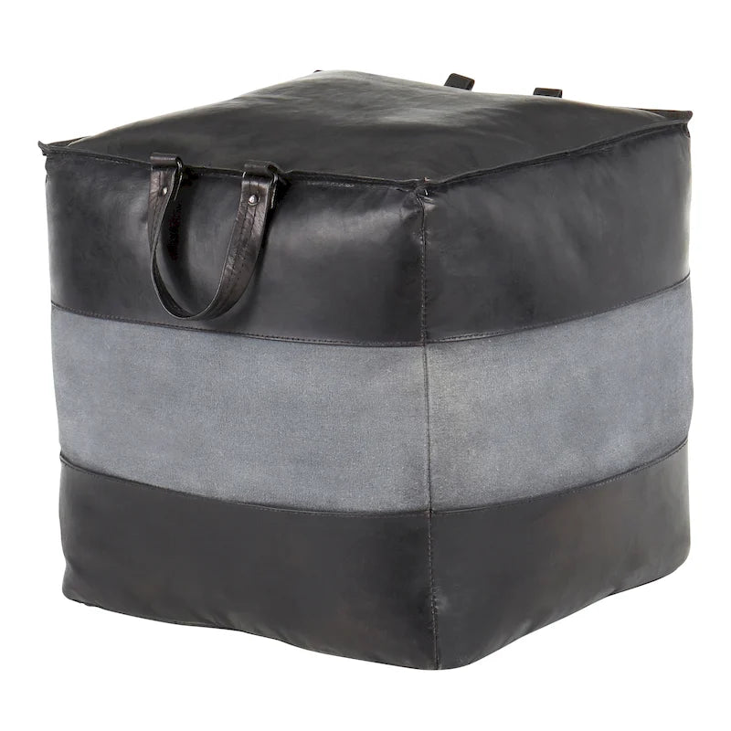 Pouf industriel Carbon Loft Najah en cuir et toile