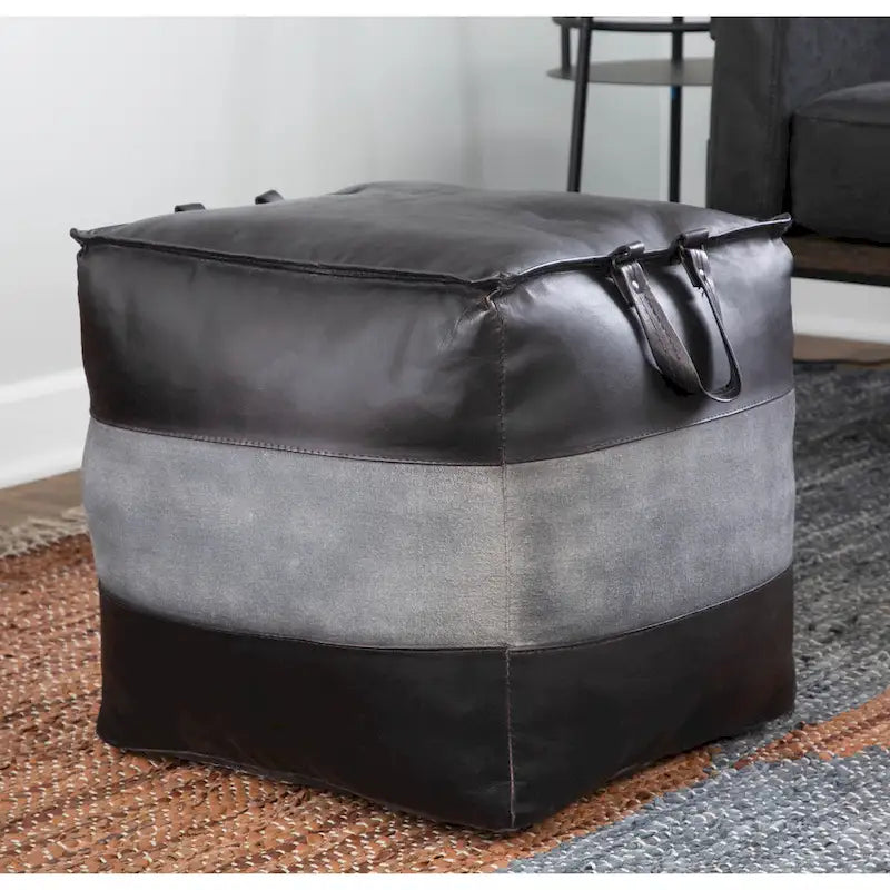 Carbon Loft Najah Industrial Pouf Ottoman in Leather and Canvas