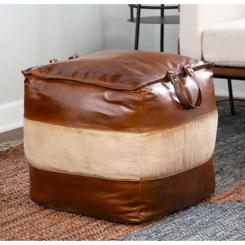 Pouf industriel Carbon Loft Najah en cuir et toile