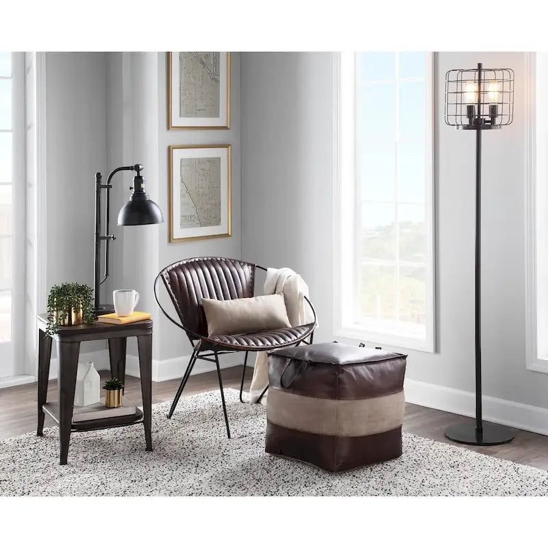 Pouf industriel Carbon Loft Najah en cuir et toile