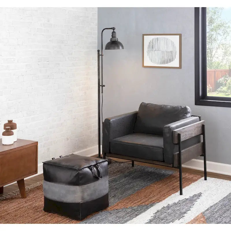 Pouf industriel Carbon Loft Najah en cuir et toile