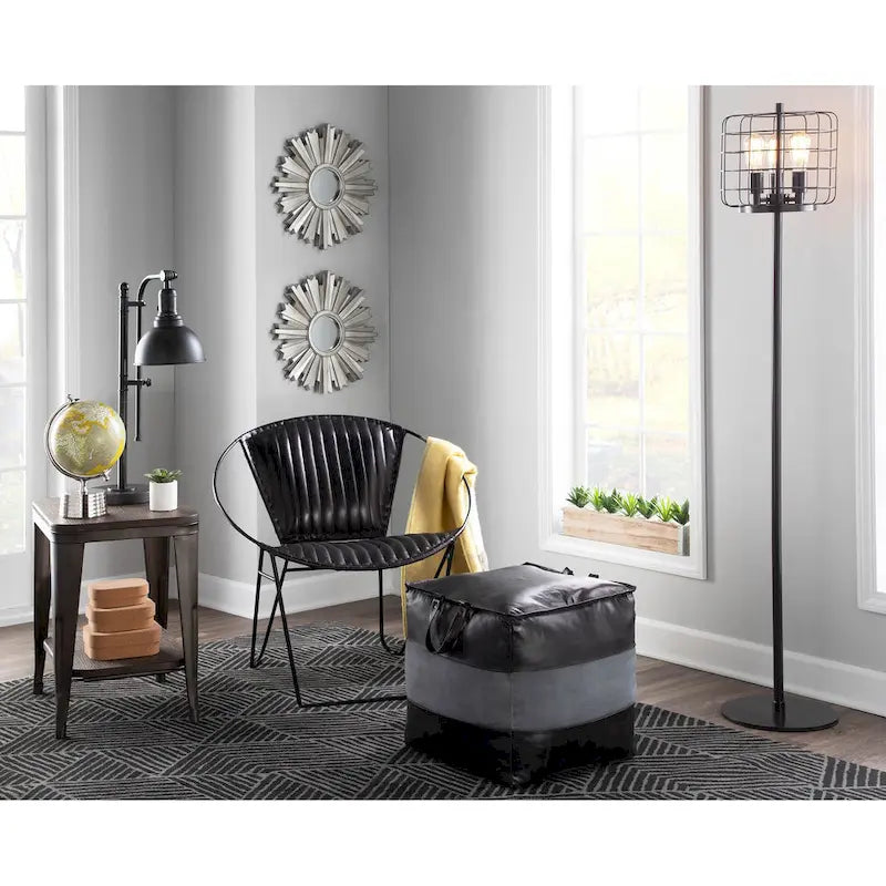 Pouf industriel Carbon Loft Najah en cuir et toile