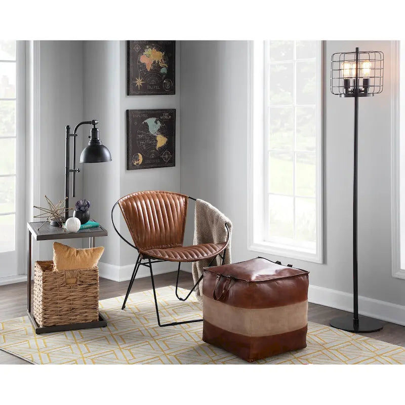 Pouf industriel Carbon Loft Najah en cuir et toile