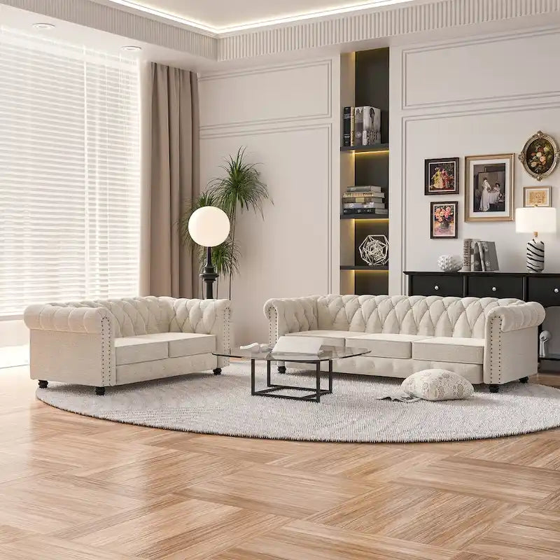 Morden Fort Tufted Upholstered Chesterfield set Loveseat, Sofa 2 PCS for Living Room, Fabric, Linen