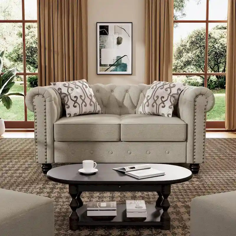 Ensemble Chesterfield capitonné Morden Fort, canapé 2 pièces, tissu lin, pour salon