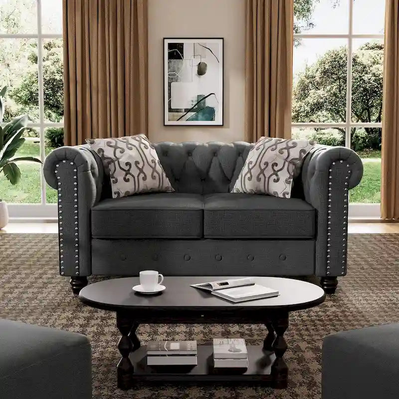 Ensemble Chesterfield capitonné Morden Fort, canapé 2 pièces, tissu lin, pour salon