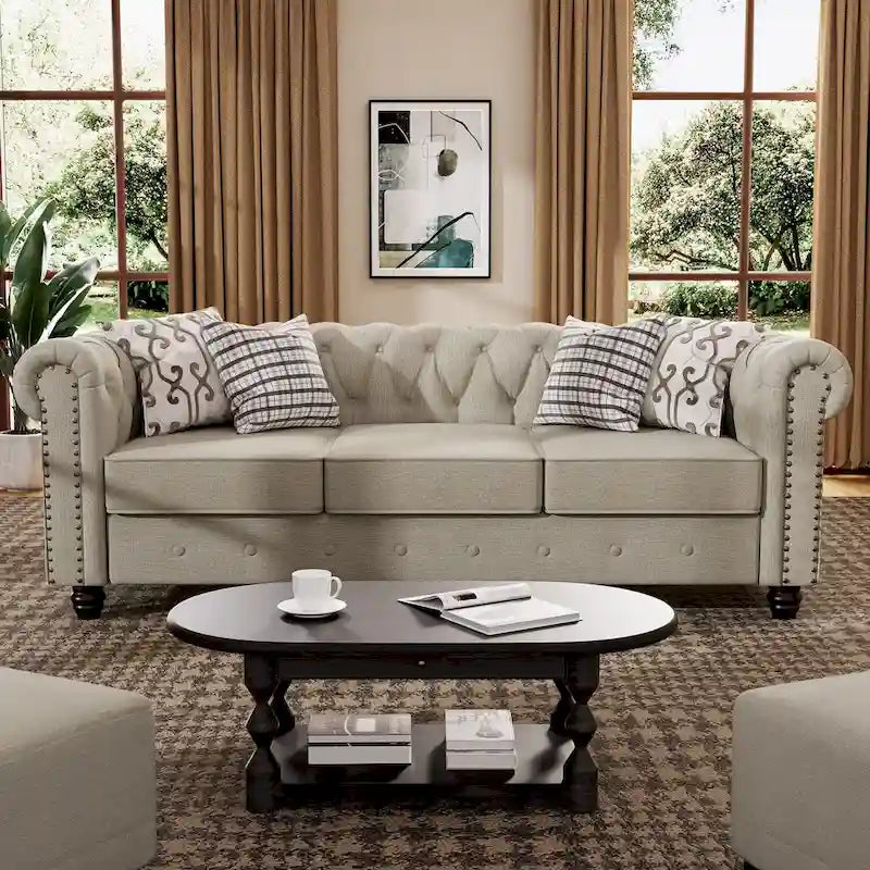 Ensemble Chesterfield capitonné Morden Fort, canapé 2 pièces, tissu lin, pour salon