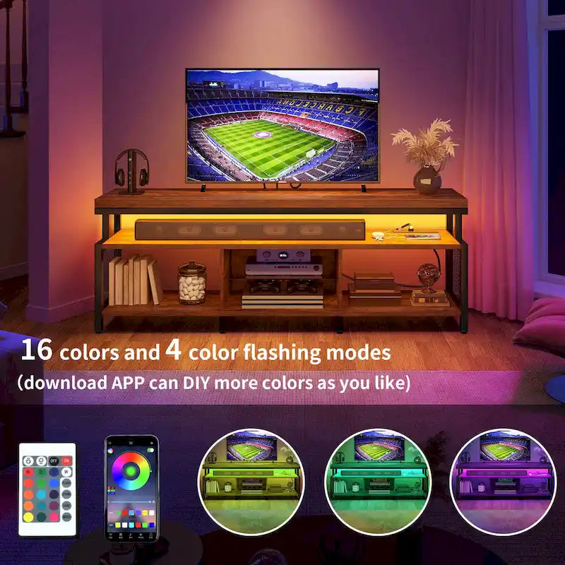 Meuble TV industriel en bois avec éclairage LED, étagères de rangement ouvertes, prises électriques et télécommande Bluetooth