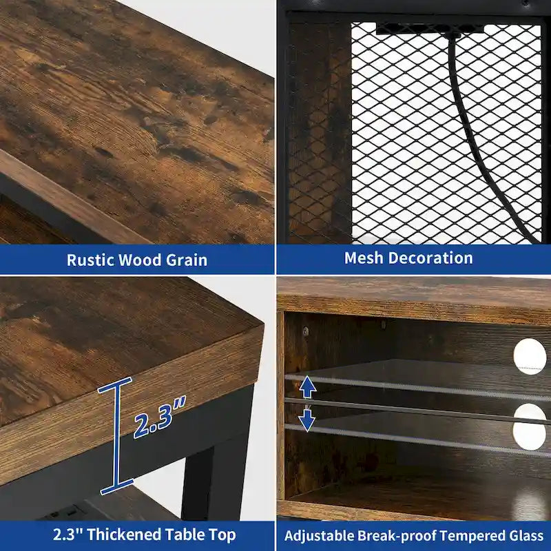 Meuble TV industriel en bois avec éclairage LED, étagères de rangement ouvertes, prises électriques et télécommande Bluetooth