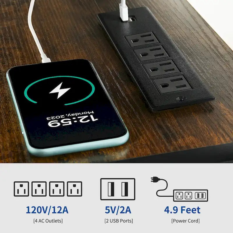 Meuble TV industriel en bois avec éclairage LED, étagères de rangement ouvertes, prises électriques et télécommande Bluetooth