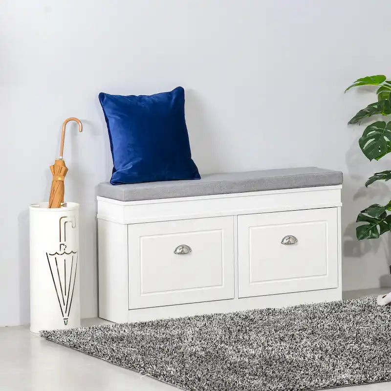Banc à chaussures HOMCOM avec coussin, 2 tiroirs et étagère réglable, blanc - 41 x 9,5 x 21,75