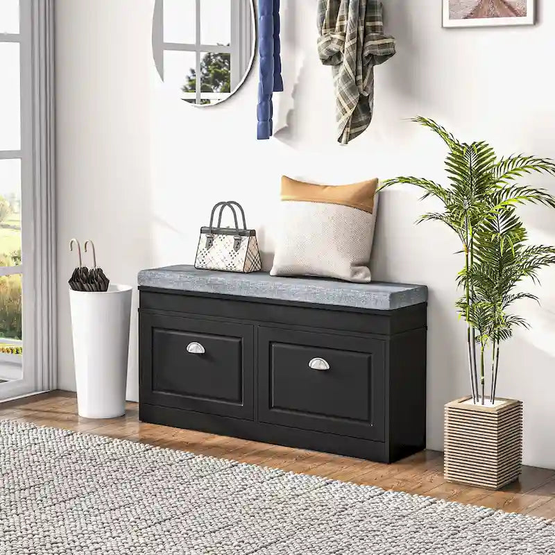 Banc à chaussures HOMCOM avec coussin, 2 tiroirs et étagère réglable, blanc - 41 x 9,5 x 21,75