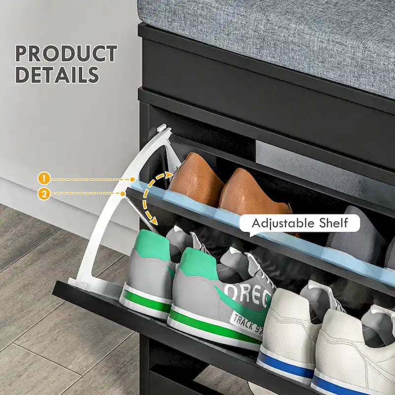 Banc à chaussures HOMCOM avec coussin, 2 tiroirs et étagère réglable, blanc - 41 x 9,5 x 21,75