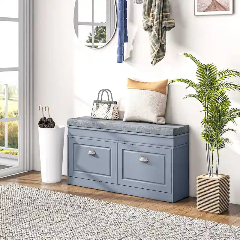 Banc à chaussures HOMCOM avec coussin, 2 tiroirs et étagère réglable, blanc - 41 x 9,5 x 21,75