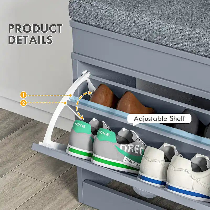 Banc à chaussures HOMCOM avec coussin, 2 tiroirs et étagère réglable, blanc - 41 x 9,5 x 21,75